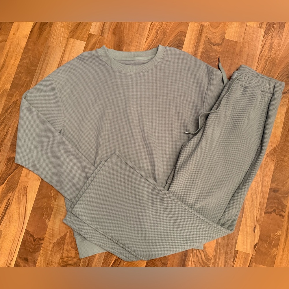 Comfrt Waffle Lounge Set Sage Green Small Pants Long Sleeve